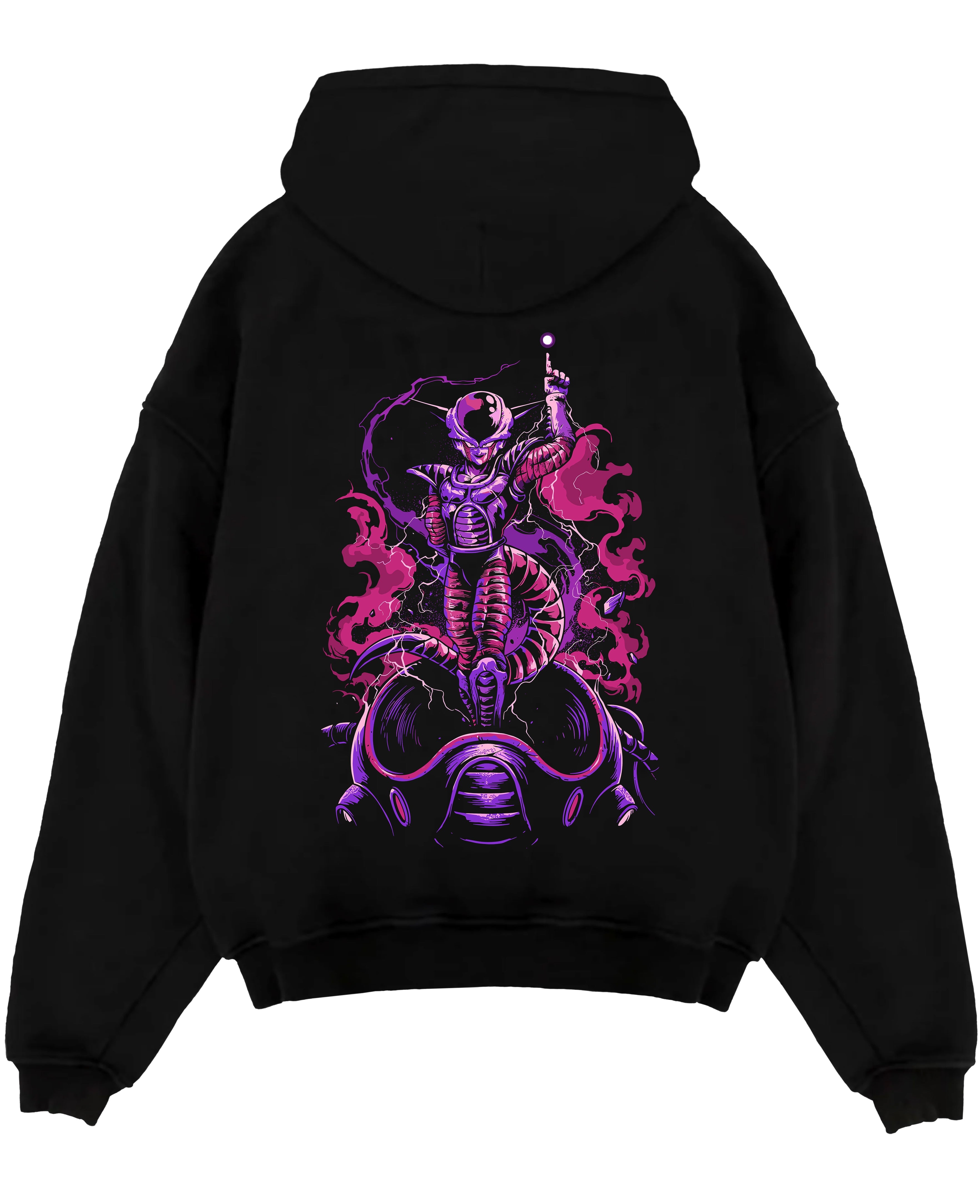 Black pullover hoodie laid flat on a white background, featuring Frieza Dragon Ball anime poster inspired design with retro manga graphic in vivid purple flames.