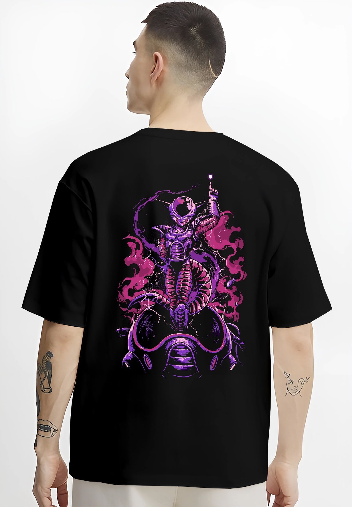 Black T-shirt worn by a male model, back view, featuring Frieza Dragon Ball retro manga graphic with purple highlights and Japanese animation streetwear style.