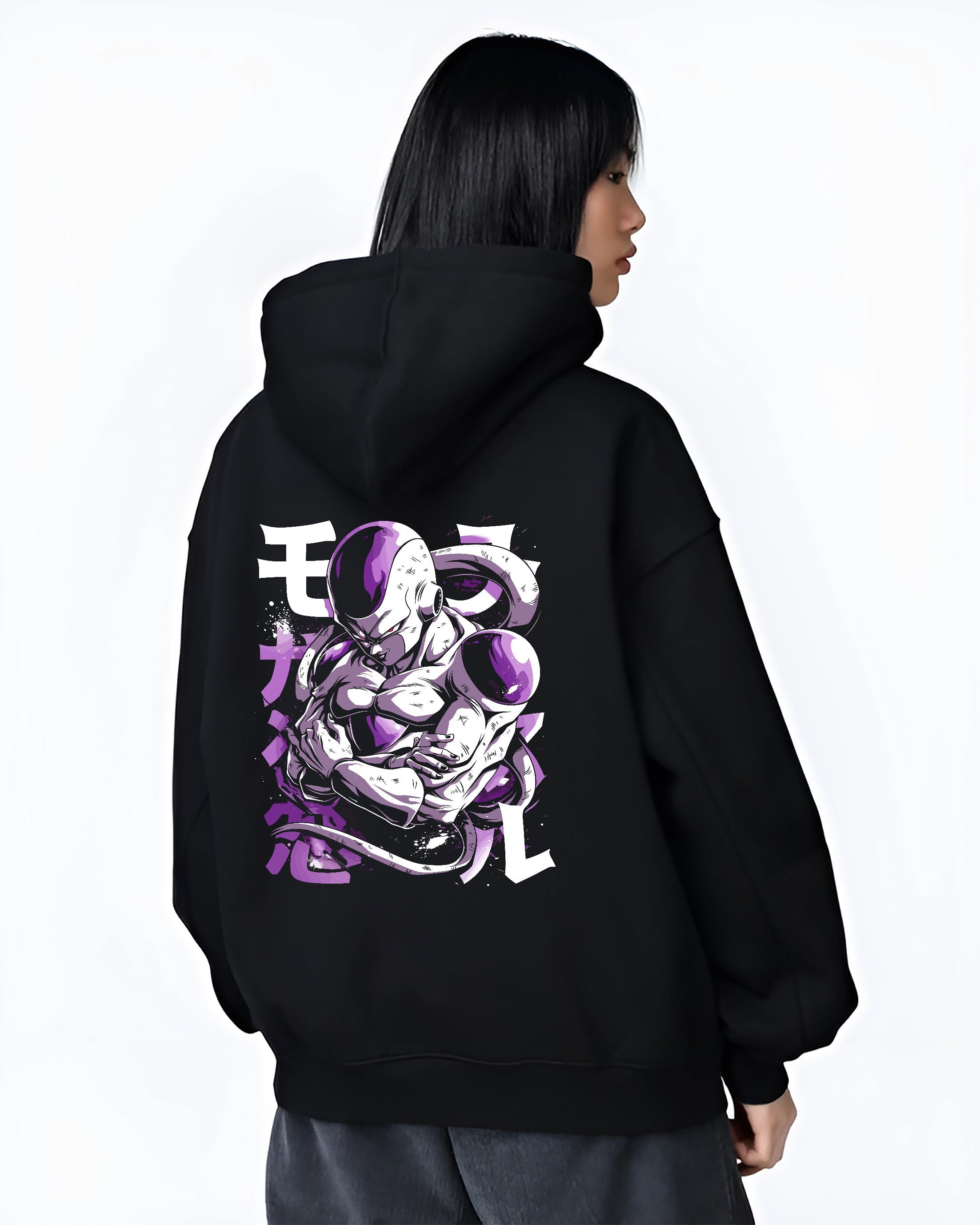 Black hoodie worn by a female model, back view, featuring Frieza Dragon Ball Z Japanese animation streetwear artwork with bold purple tones and classic villain stance.