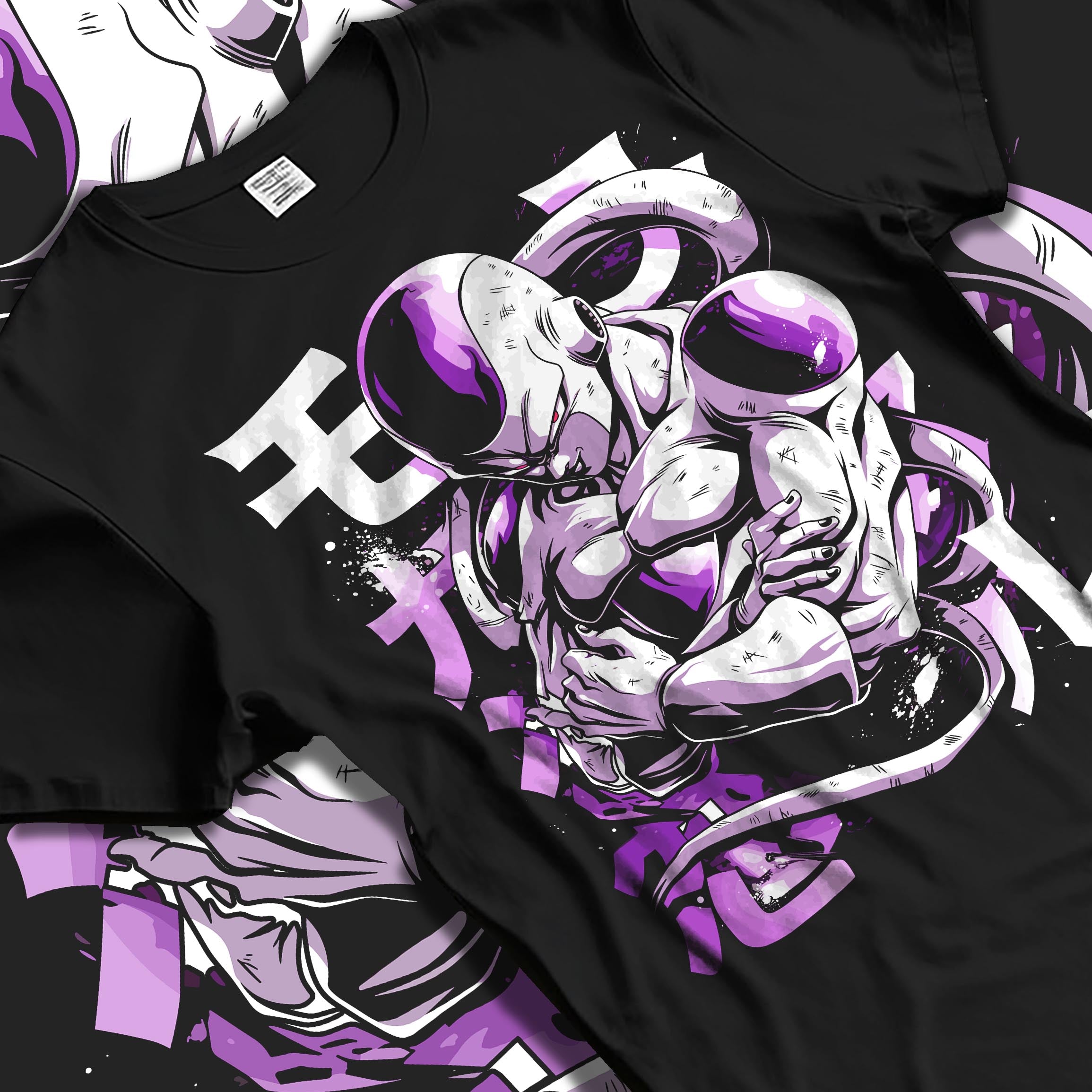 Black T-shirt laid flat with natural fabric folds, featuring Frieza Dragon Ball Z anime poster inspired design with folded arms and striking purple manga villain artwork.