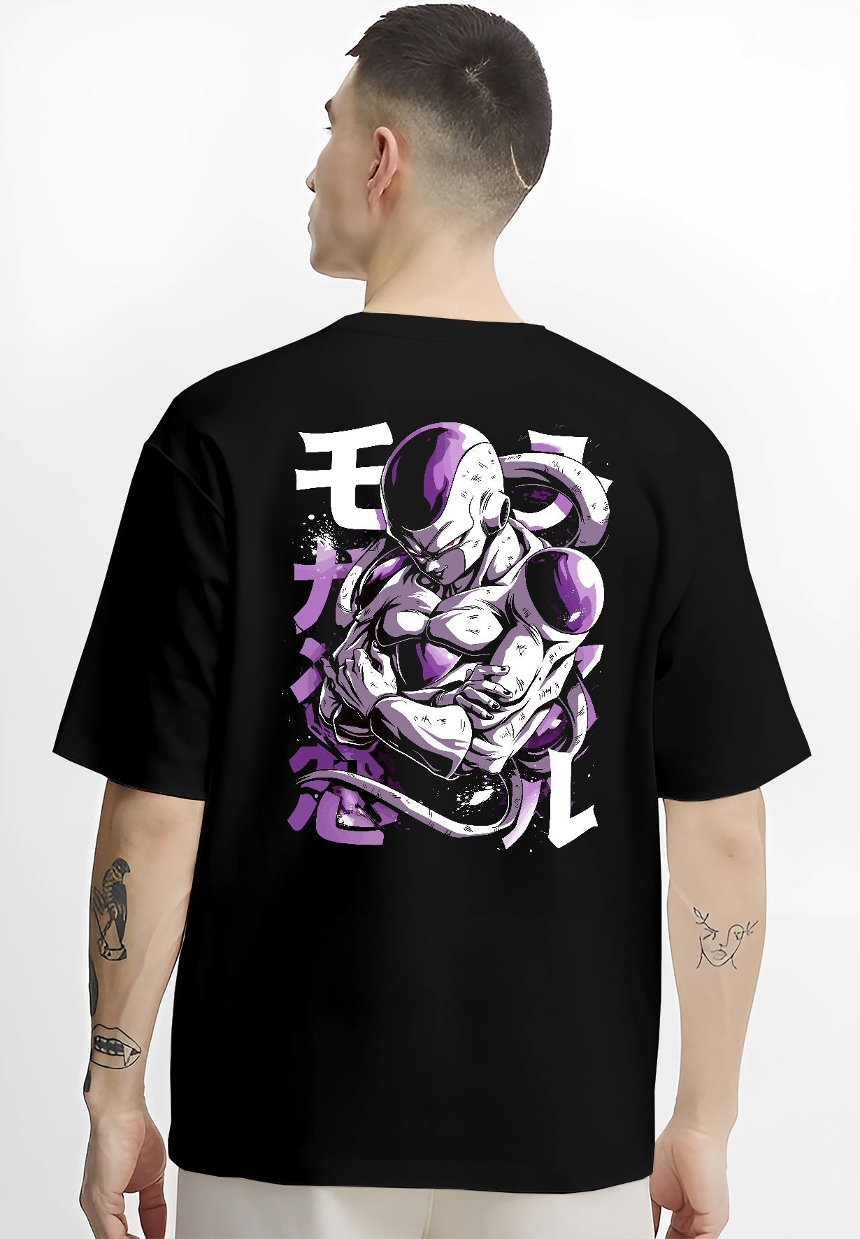 Black T-shirt worn by a male model, back view, featuring Frieza Dragon Ball Z retro manga villain artwork with folded arms, glowing purple aura, and bold anime styling.