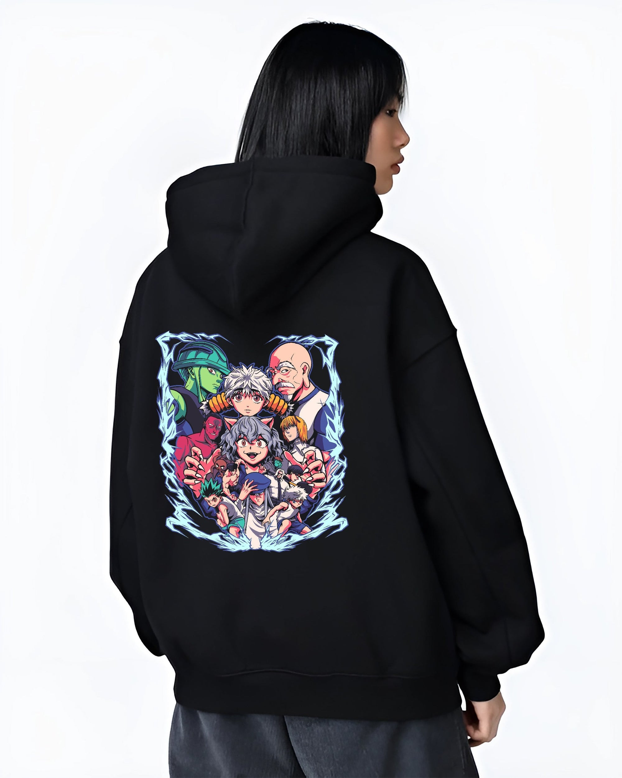 Black T-shirt on male model, back view, Hunter x Hunter collage graphic featuring Gon and Killua with electric aura frame.