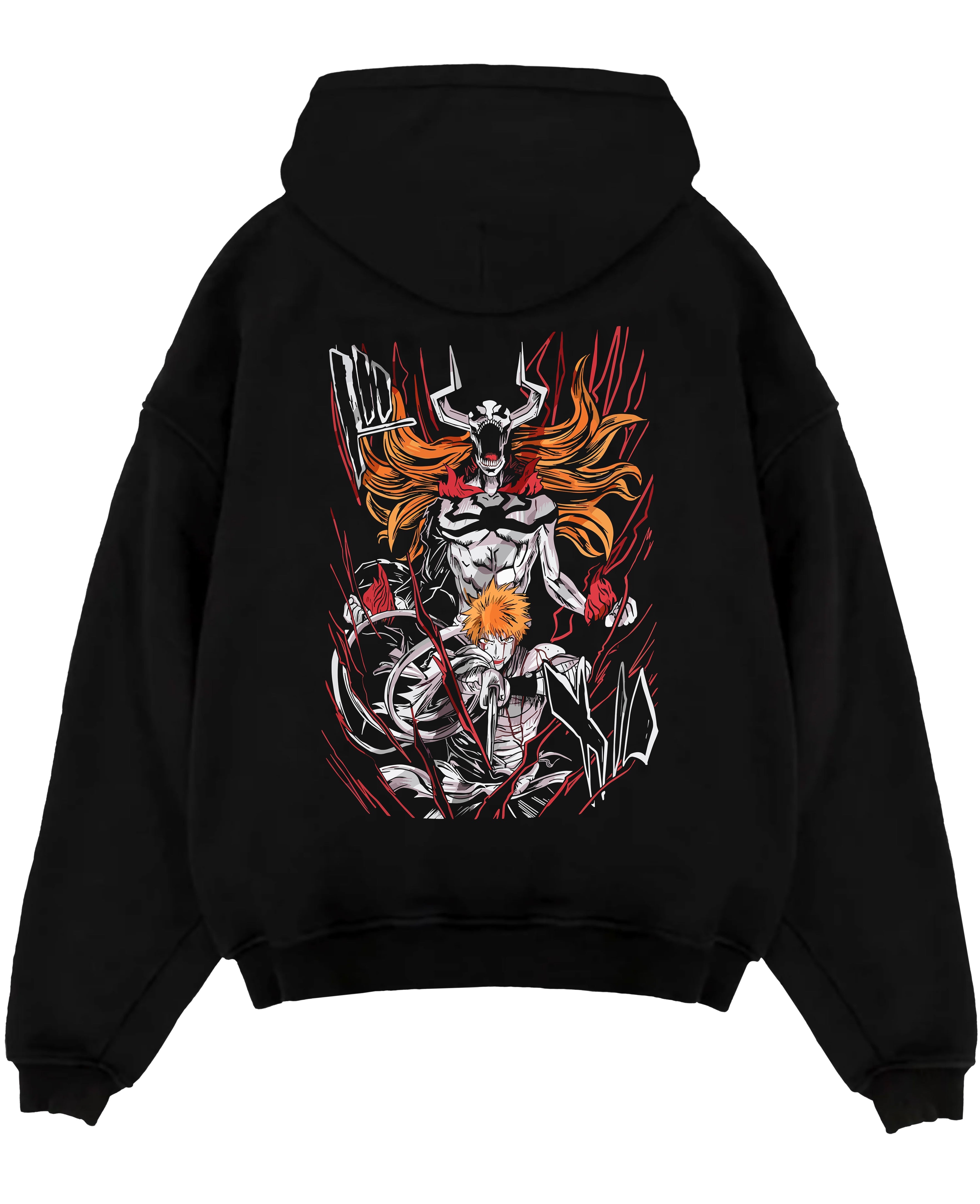 Black pullover hoodie laid flat on a white background, featuring Ichigo Bleach anime poster inspired design with hollow transformation in retro manga battle style.