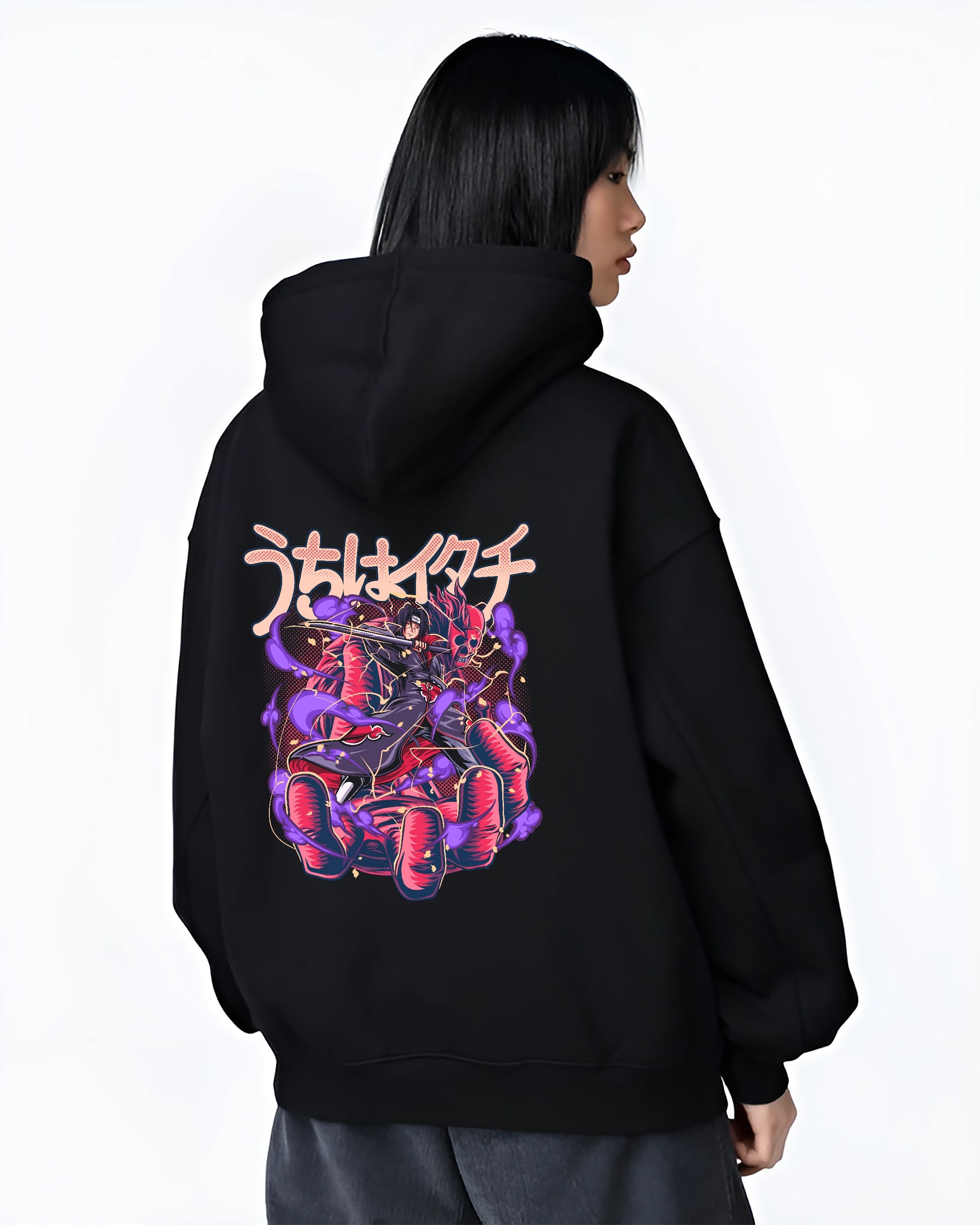 Black hoodie on female model, back view, Itachi Uchiha dark manga graphic with swirling purple Susanoo aura and stylised Japanese text.
