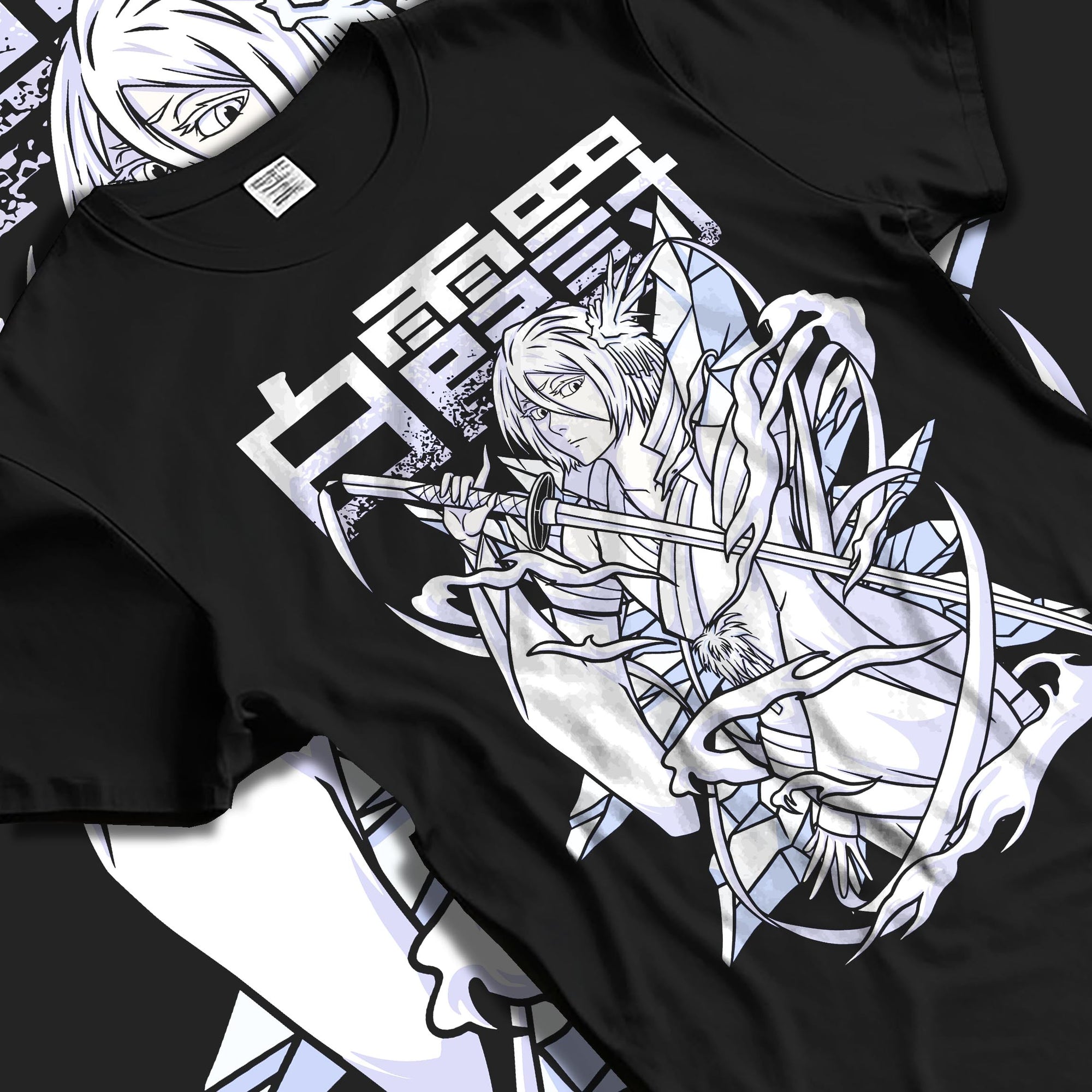Black T-shirt laid flat with natural fabric folds, featuring Rukia Kuchiki Bleach Bankai anime poster inspired icy manga artwork with bold frosty tones