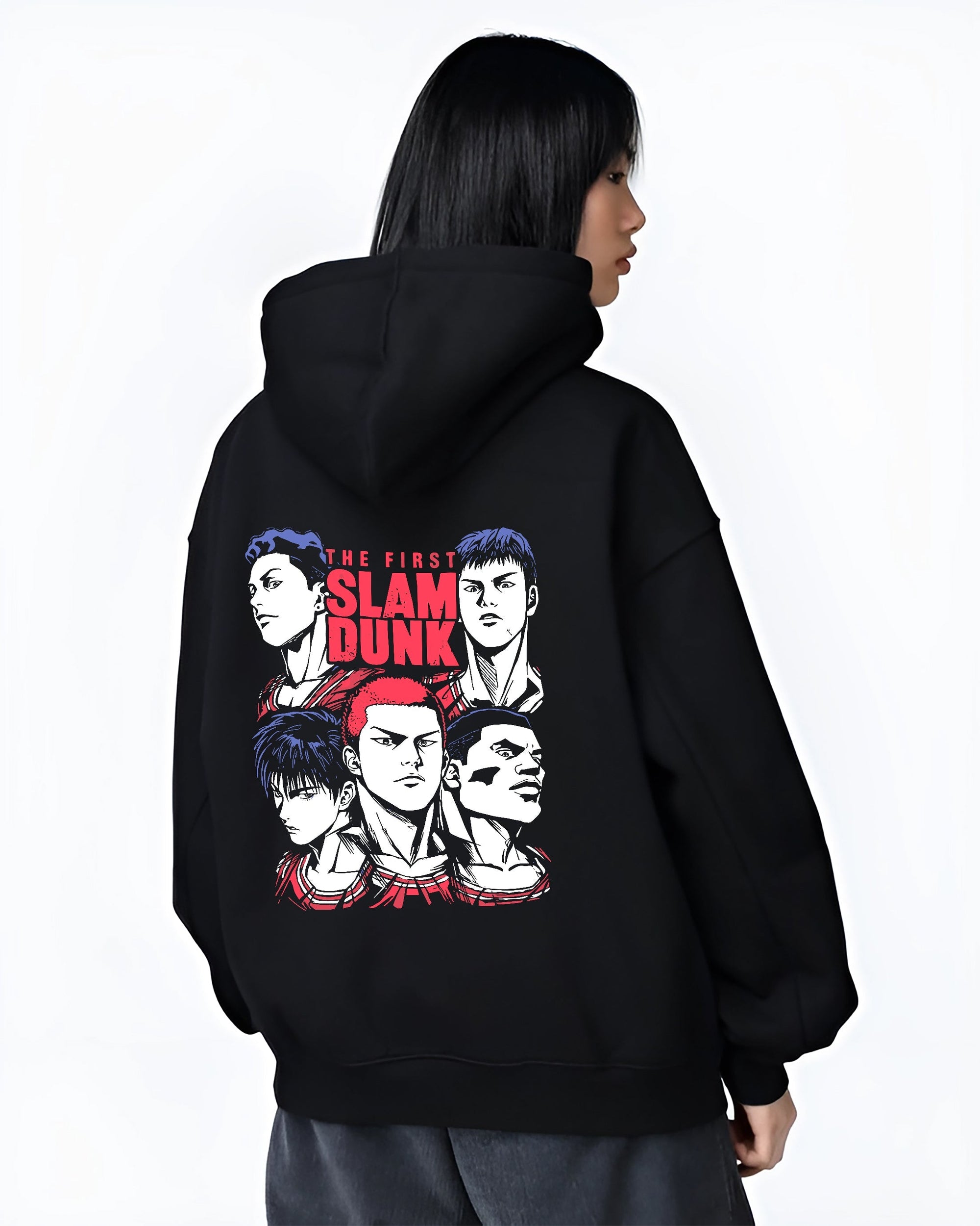 Black hoodie on female model, back view, featuring Slam Dunk cast retro manga graphic, red headline text and clean Japanese streetwear vibe.