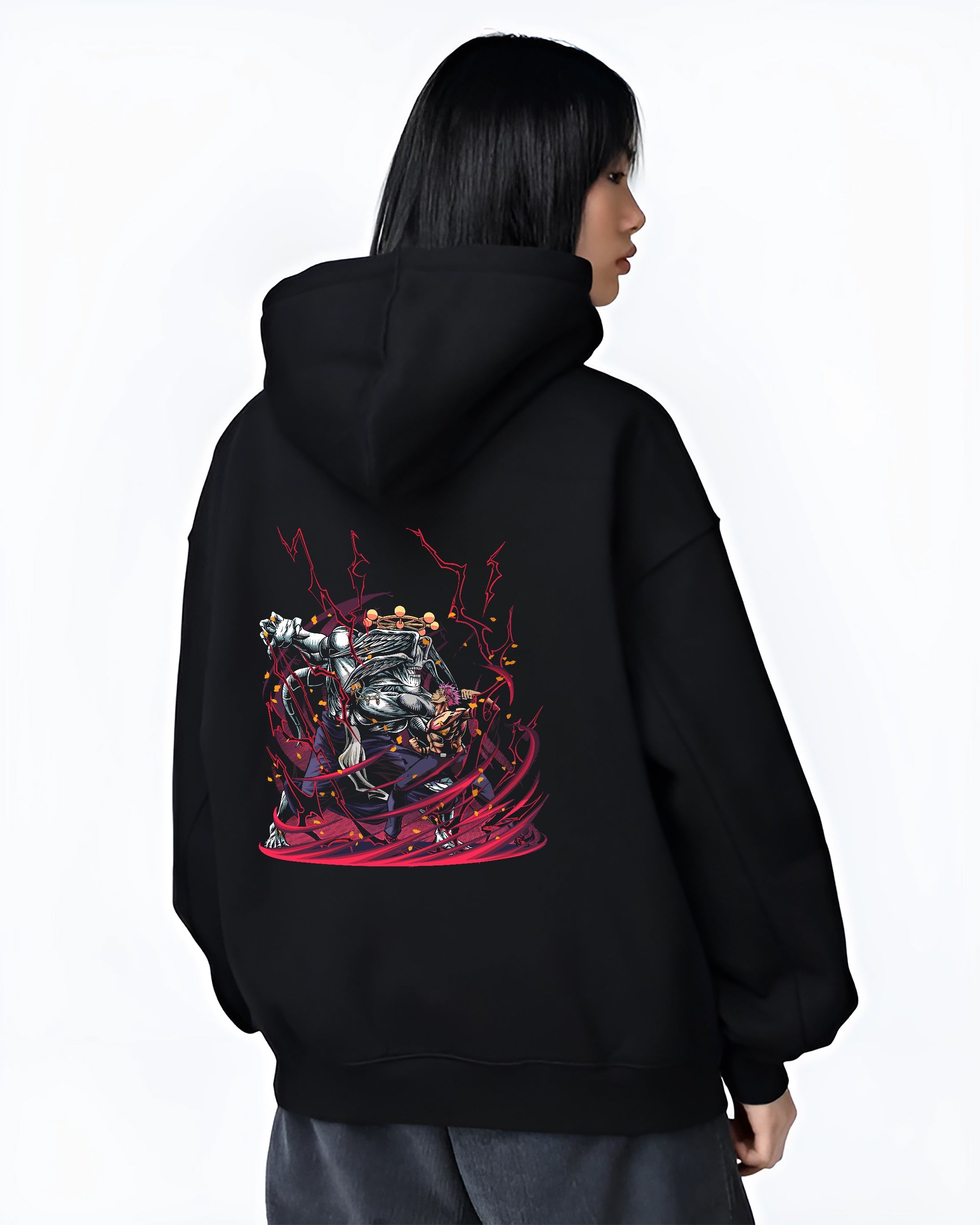 Black hoodie on female model, back view, Sukuna vs Mahoraga retro manga artwork with vivid red energy and motion streaks.