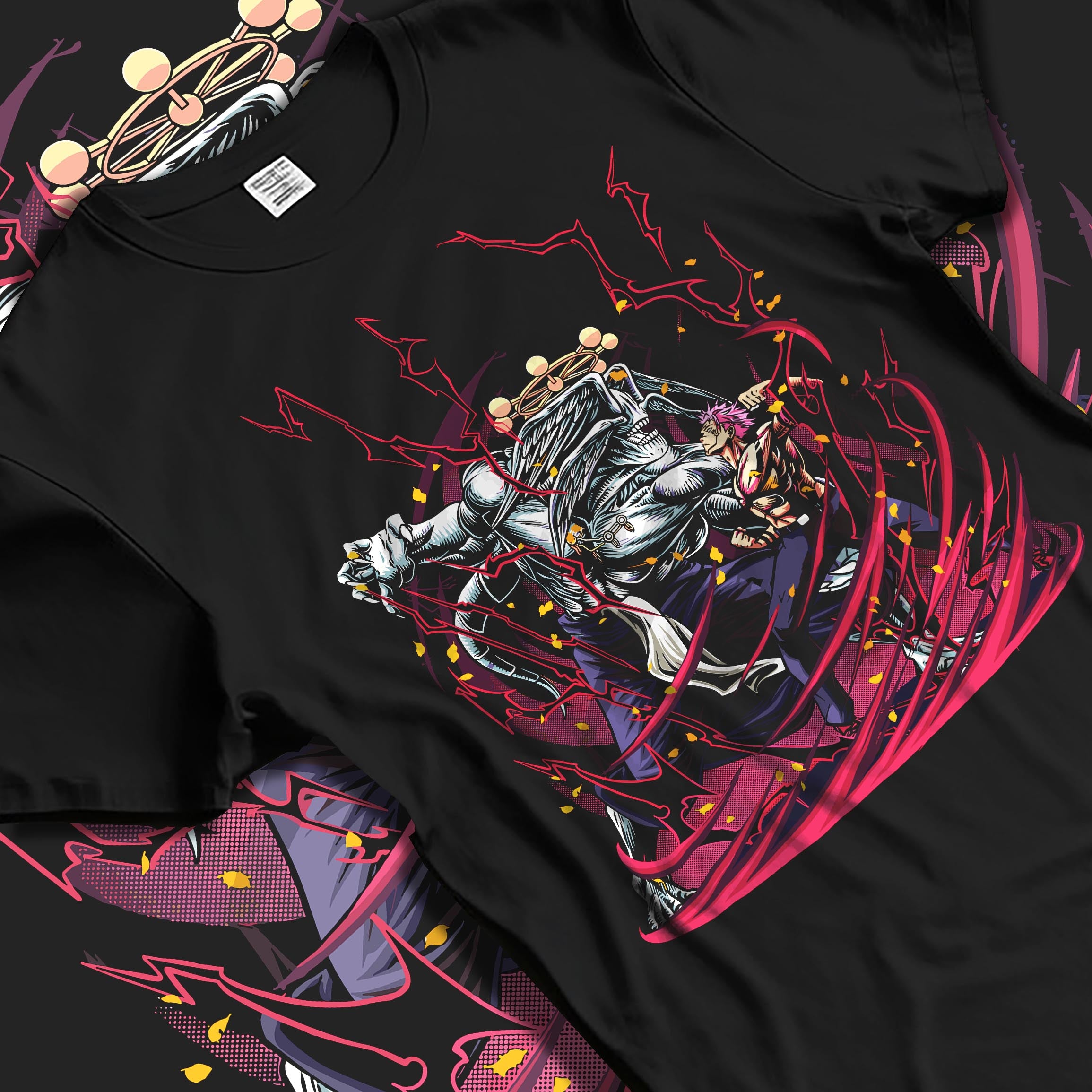 Black T-shirt laid flat with soft folds, featuring Sukuna vs Mahoraga retro manga battle framed by red lightning swirls.