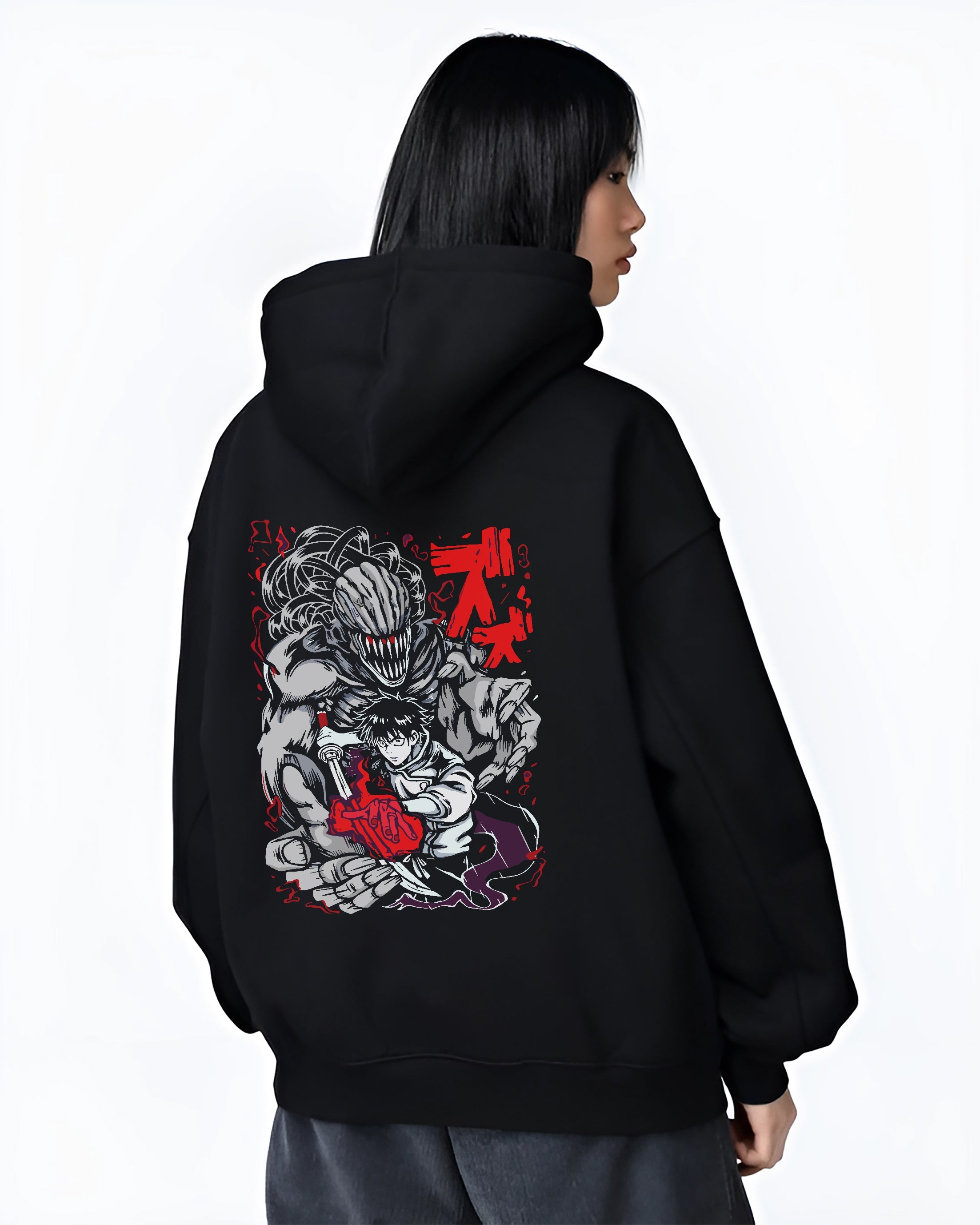 Black hoodie on female model, back view, Yuta Okkotsu with Rika cursed spirit anime graphic in bold red monochrome style.